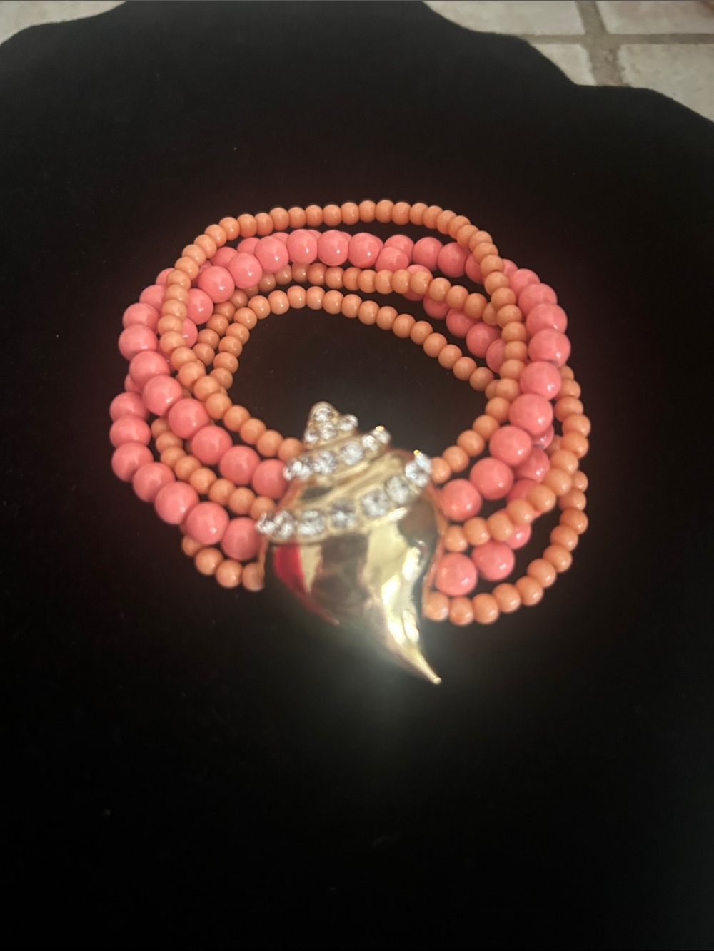 Kenneth J Lane Coral Beaded Wrap Bracelet with Gold Shell Accent